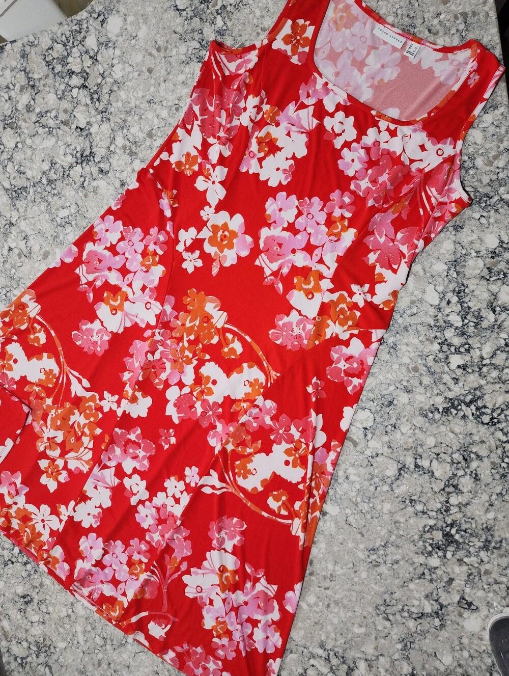 Susan Graver Red Floral Bloom Liquid Knit Midi Dress Womans Large